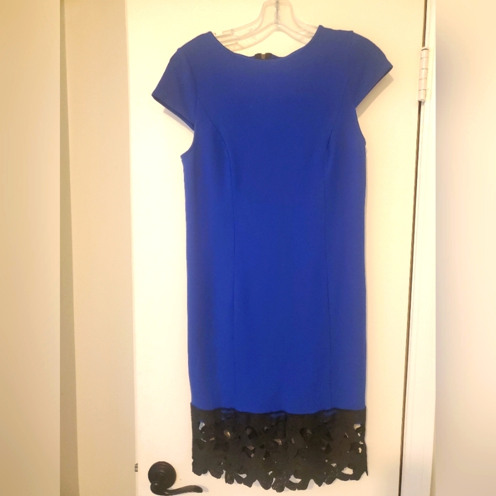 Cobalt Blue Sheath Dress with Black Cutout Trim